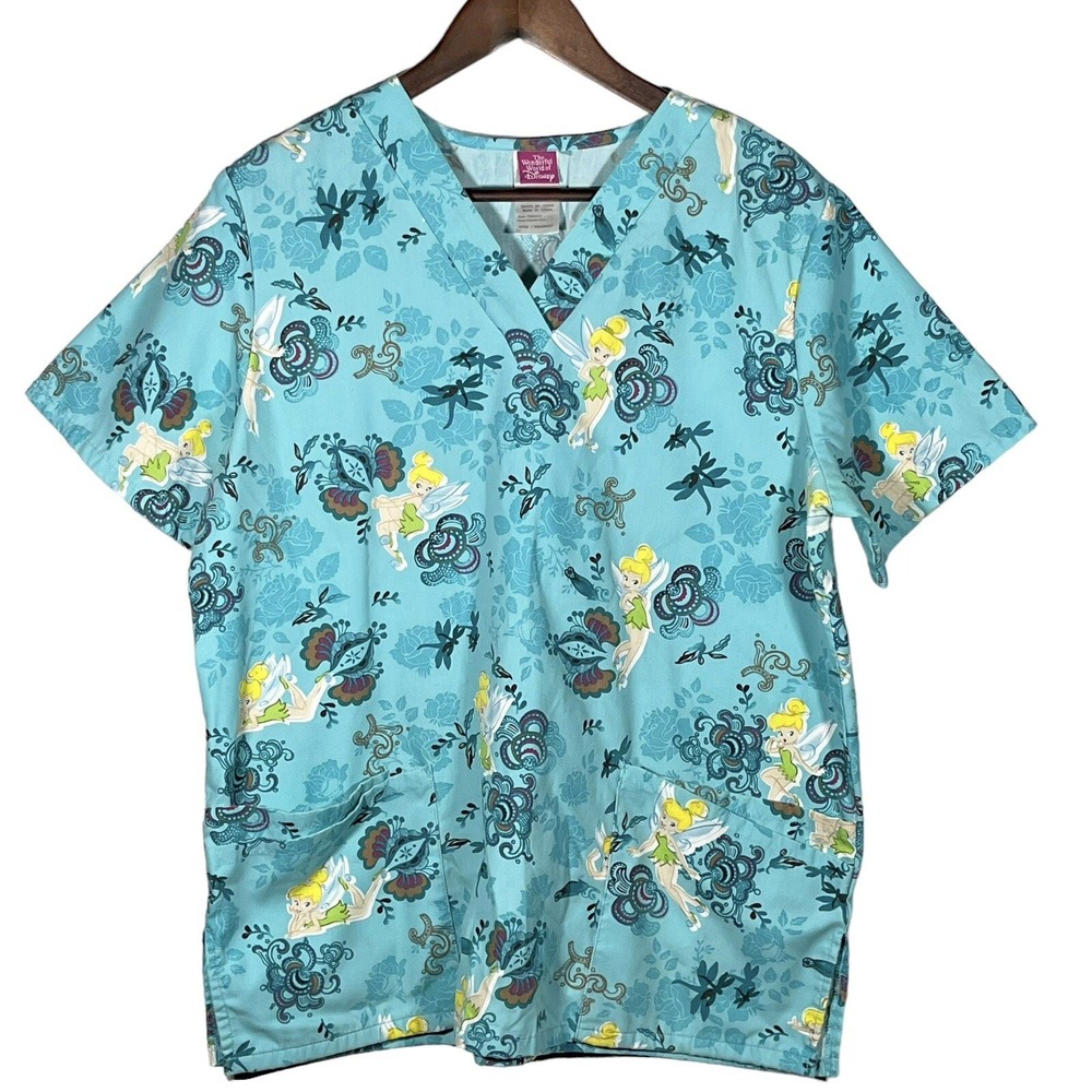 Disney Tinker Bell Scrub Top Women M Teal V-Neck Floral Fairy TB46A970 Excellent